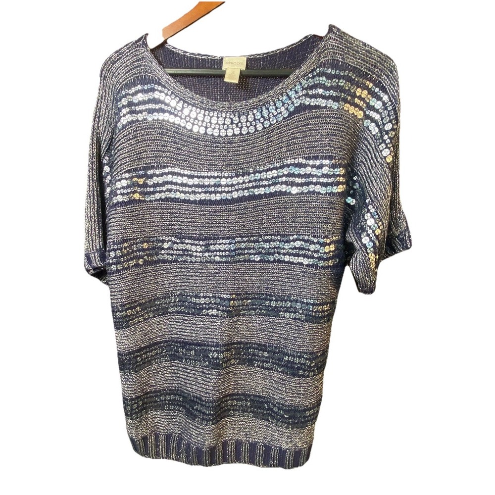 Chicos Sequin Striped Kayden Sweater Womens 2 US L Green Short‎ Slv Blue Beaded